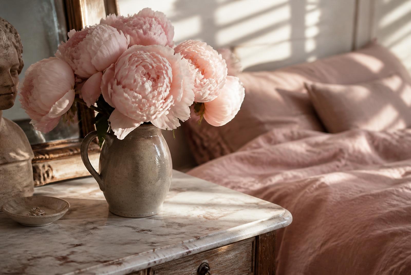 Pivoines dans un pichet en grès près du lit