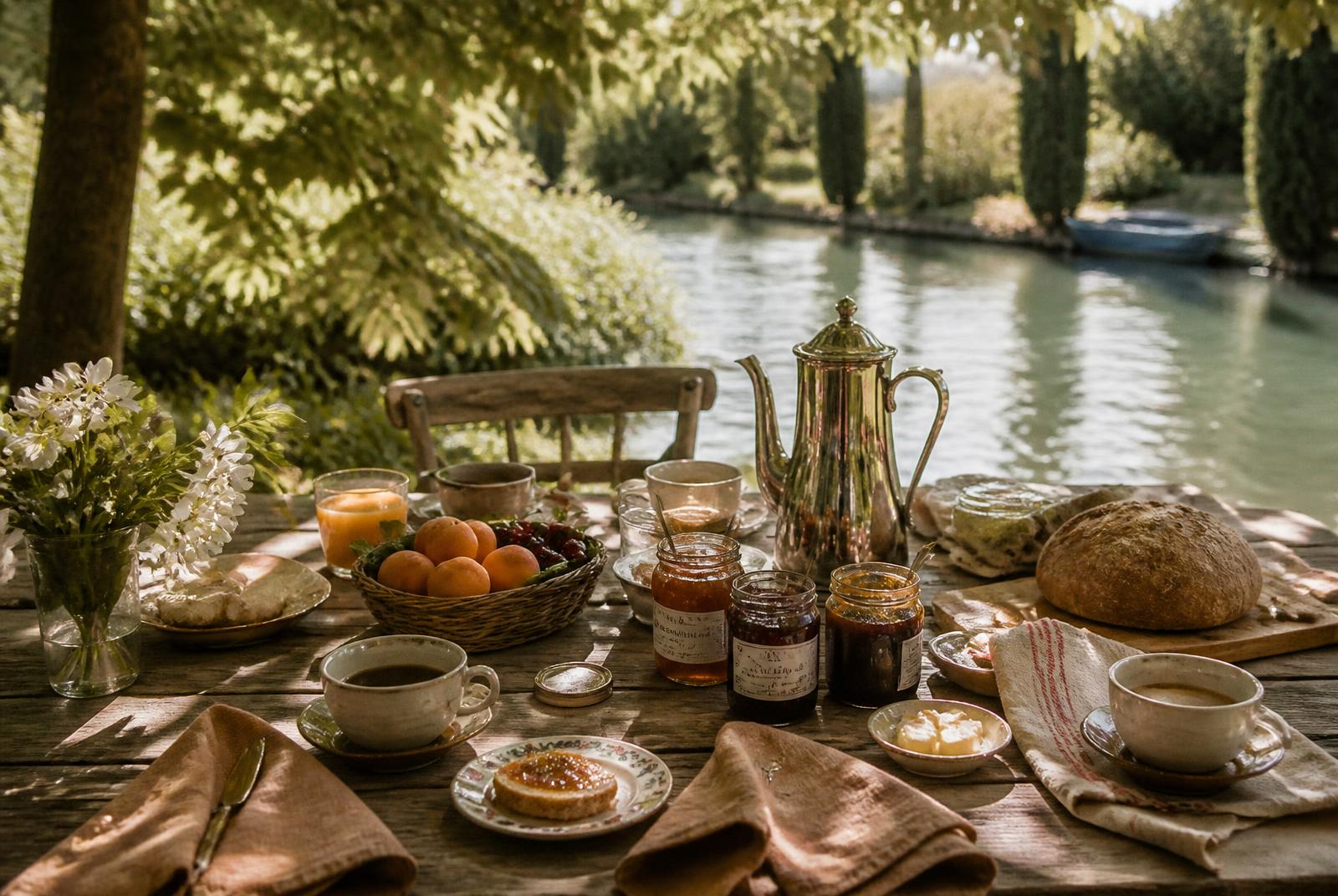 Petit-déjeuner maison servi sur une table en bois au bord du canal