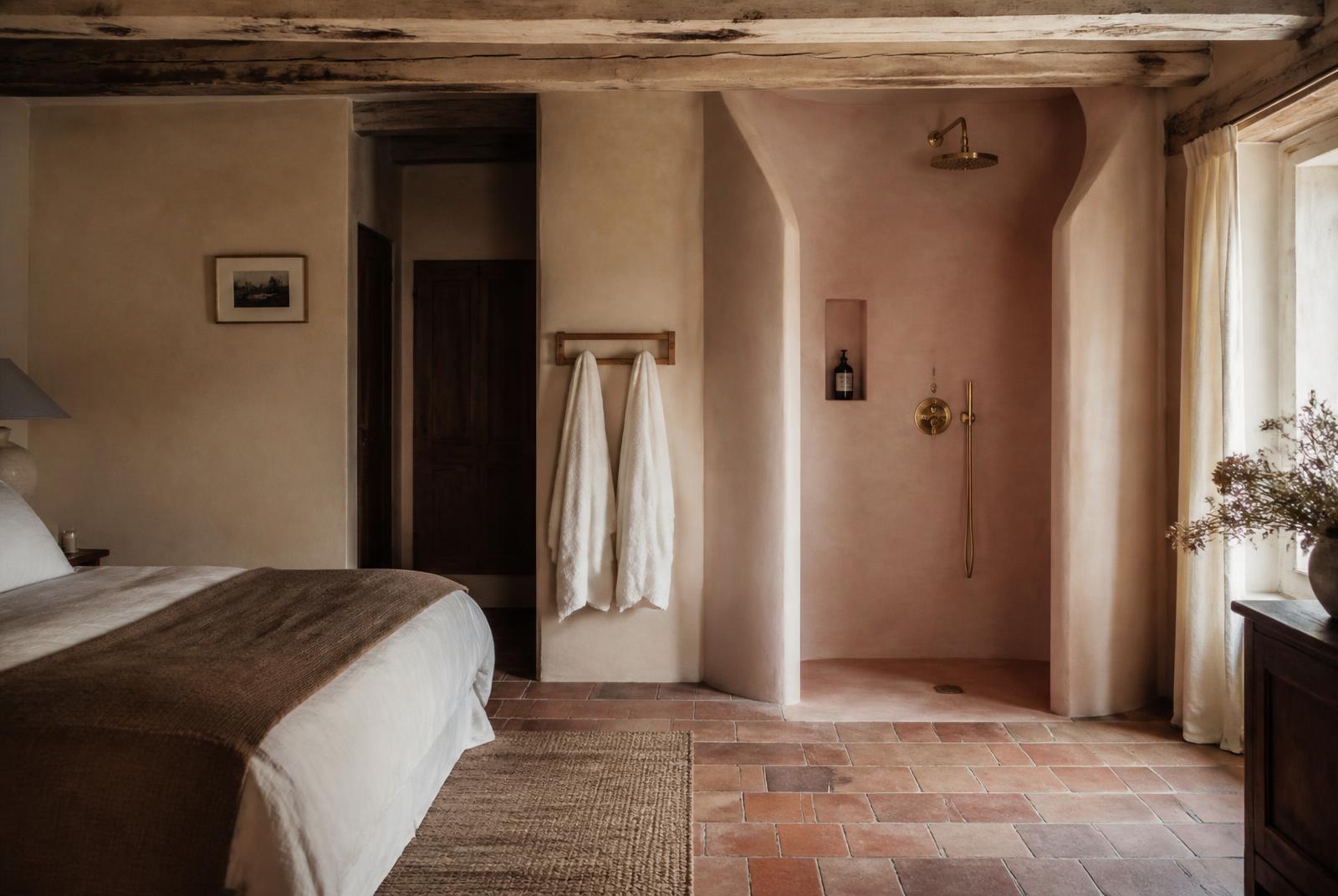 Douche ouverte en tadelakt de la chambre Pivoine